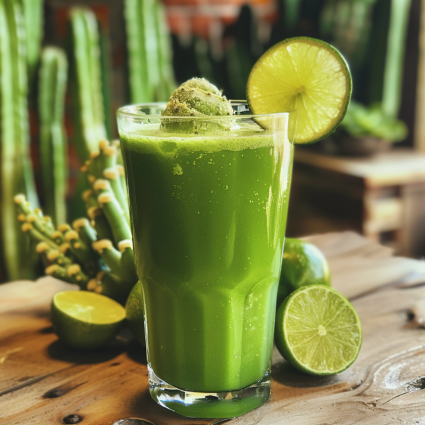 A tall, clear glass brimming with our lively, green Cactus Cooler Smoothie, crowned with a dusting of matcha powder. A zesty lime slice graces the rim, inviting you to indulge in this rejuvenating blend. Placed on an eco-friendly wooden table adorned with fresh limes and lush cacti—this smoothie is bursting with goodness and vitality, embodying the essence of Zestful Blends.