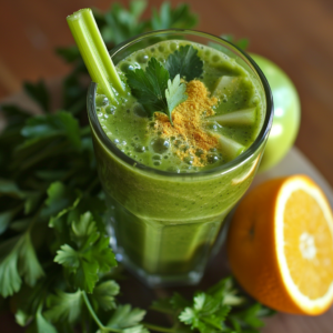 Elevate your wellness journey with our Celery Citrus Surge Smoothie, bursting with goodness and vibrant flavors! This tall glass of vitality is garnished with fresh celery, aromatic parsley leaves, and a hint of turmeric spice. Surrounding the smoothie are wholesome ingredients – crisp green apple and zesty sliced citrus orange – all on a natural wooden surface. Indulge in the freshness of nature while nourishing your body. As part of Zestful Blends' eco-friendly promise, each product is crafted to energize your day sustainably. Discover health benefits in every delightful sip!