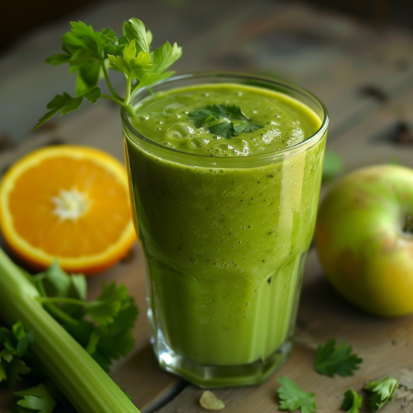 A glass of Celery Citrus Surge Smoothie, garnished with a vibrant sprig of parsley, graces a rustic wooden table. Surrounding the smoothie are fresh celery stalks, lush parsley leaves, a zesty half orange, and a crisp apple—each ingredient bursting with goodness. This delicious blend epitomizes Zestful Blends' commitment to health and freshness. Enjoy this eco-friendly treat that packs vital vitamins and minerals in every refreshing sip!