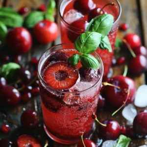 Two glasses of our fizzy Cherry Plum Potion, bursting with goodness and garnished with fresh basil leaves and cherry slices. Surrounded by whole, juicy cherries and crisp ice cubes on a rustic wooden surface, this refreshing Cherry Plum Potion embodies the vibrant essence of summer. Experience the ultimate blend of health benefits and freshness in every sip! Perfectly crafted from eco-friendly ingredients to elevate your wellness journey.