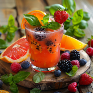 A dazzling Citrus Berry Splash, bursting with goodness and freshness! This delightful beverage features a medley of zesty citrus, garnished with aromatic basil leaves, succulent orange slices, juicy strawberries, plump blackberries, and exotic passion fruit. It's a feast for the senses! Surrounded by a vibrant array of fresh fruits including grapefruit, oranges, raspberries, blueberries, strawberries, blackberries, and lush green basil. Experience the health benefits of our all-natural ingredients in every sip at Zestful Blends—where eco-friendly practices meet unparalleled taste!