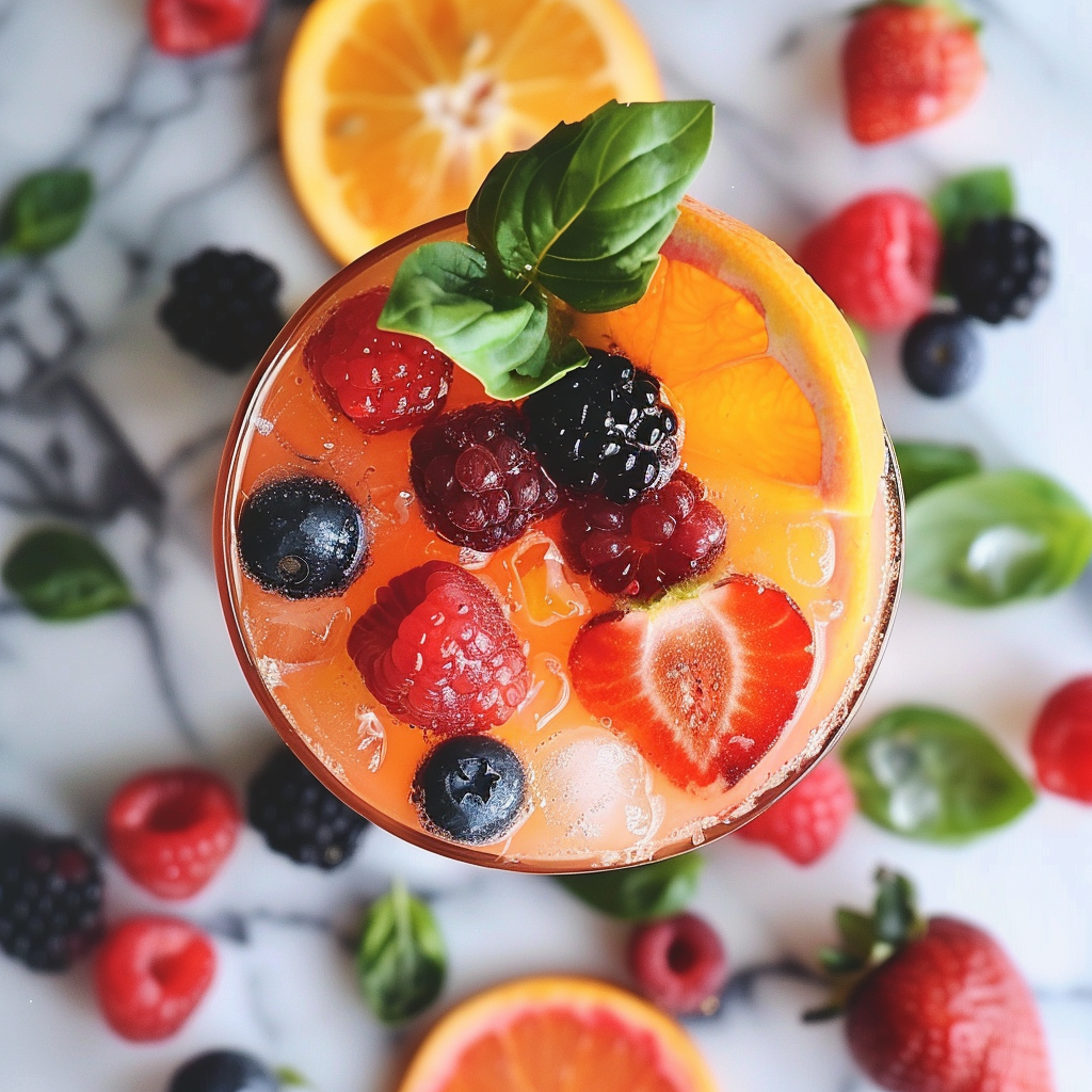 Experience the refreshing zest of our Citrus Berry Splash—a vibrant, fruity drink bursting with goodness! Garnished with fresh berries, zesty citrus, and a fragrant sprig of basil, this drink is a celebration of health and freshness. The marble background is playfully adorned with more luscious berries, tantalizing orange slices, and aromatic basil leaves, painting the perfect summer scene. At Zestful Blends, our products—from fruit salads to smoothies—are crafted to nourish your body and delight your senses while promoting eco-friendly choices for a brighter tomorrow. Dive into the deliciously healthy world of Zestful Blends today!