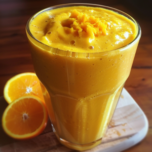 A tall glass brimming with our creamy, luminous Citrus Glow Smoothie stands proudly, topped with vibrant citrus zest and bursting with goodness. Behind this radiant drink, two fresh orange halves sit elegantly on a rustic wooden cutting board, highlighting the farm-fresh quality of our ingredients. At Zestful Blends, we celebrate health and vitality in every sip – enjoy our range of fruit salads, juices, snacks, smoothies, whole fruit packs, and delectable desserts made sustainably for an eco-friendly touch!