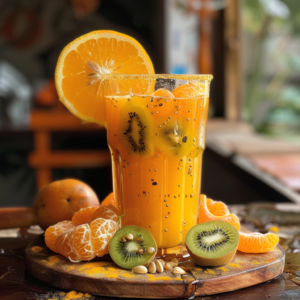 A vibrant glass of Citrus Gold Rush, bursting with the goodness of sliced kiwi and chia seeds, garnished with a zesty orange slice. This citrus-infused delight is surrounded by peeled and whole tangerines, juicy kiwi halves, and nutritious seeds on a rustic wooden board, creating a tropical and refreshing scene reminiscent of a Gold Rush bounty. Packed with essential vitamins and antioxidants, Zestful Blends' Citrus Gold Rush is your sip of health and vitality in every eco-friendly cup!