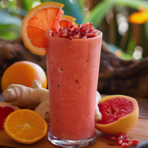 A tall glass of Crimson Citrus Wave Smoothie, bursting with goodness and vibrant flavors, garnished with jewel-like pomegranate seeds and a juicy slice of crimson grapefruit. Fresh ginger roots, whole oranges, a halved grapefruit, and scattered pomegranate seeds surround the glass, showcasing the premium ingredients used in every blend. Set against a serene natural backdrop, experience the refreshing health benefits and zesty smiles brought by our eco-friendly packaging. Dive into freshness with Zestful Blends – where every sip is a step towards vitality!