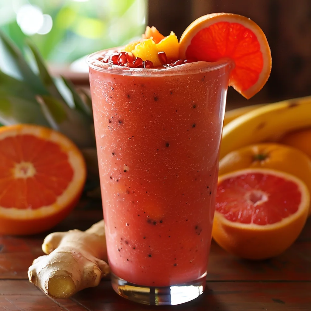 A lively pink Crimson Citrus Wave Smoothie in a tall glass, garnished with an orange slice, pomegranate seeds, and a pineapple chunk. This refreshing beverage is bursting with goodness and surrounded by nature's finest—fresh oranges, bananas, ginger, and a hint of pineapple in the backdrop. At Zestful Blends, our smoothies are crafted to deliver unmatched health benefits and vibrant flavors while promoting eco-friendly practices every step of the way. Indulge in our fresh fruit salads, nutritious juices, wholesome snacks, energizing smoothies, whole fruit packs brimming with vitality, and delectable desserts designed to brighten your day!