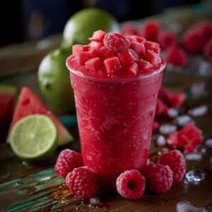 A vibrant Crimson Cooler Smoothie, bursting with goodness, brimming with fresh watermelon and raspberry chunks in a crystal-clear cup. Enriched with whole raspberries, tangy lime halves, and juicy watermelon slices on a rustic wooden surface. Ice cubes are scattered around to keep it refreshingly cool. Savor the health benefits and unmatched freshness of our eco-friendly offerings from Zestful Blends—your ultimate source for wholesome fruit salads, energizing juices, delightful snacks, nutrient-packed smoothies, whole fruit packs, and blissful desserts.