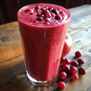 A tall glass of Crimson Cranberry Crush Smoothie sits on a wooden table, brimming with a blend of cranberries and other nutrient-rich red fruits. Fresh cranberries are artfully scattered near the glass, and a crisp apple peeks into view in the background. Bursting with goodness, this vibrant smoothie not only tantalizes your taste buds but also provides a powerhouse of antioxidants and vitamins. At Zestful Blends, we craft each product to deliver freshness straight from nature to you, all while embracing eco-friendly practices that nurture our planet.