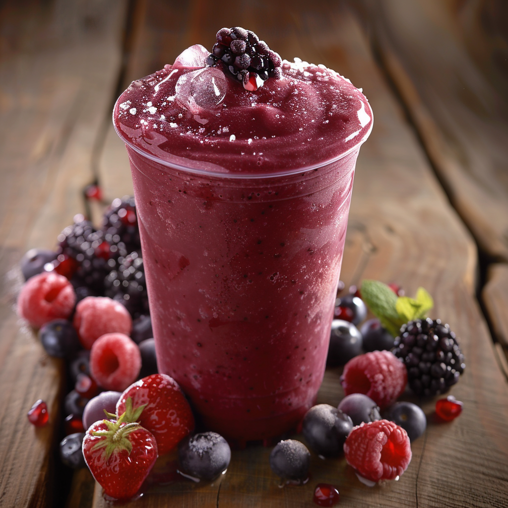 A tall, clear eco-friendly cup brimming with a thick, dark purple smoothie topped with refreshing ice and a plump blackberry. Surrounding the cup is a medley of fresh strawberries, blueberries, raspberries, and blackberries on a charming rustic wooden surface. This vibrant concoction truly captures the essence of our Deep Forest Berry Blend harvest. Bursting with goodness, Zestful Blends products offer unparalleled health benefits and freshness in every sip!