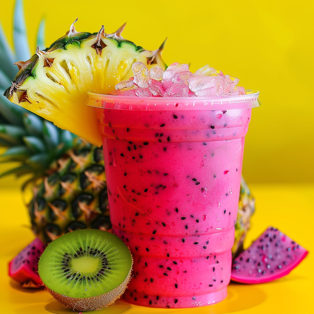 Experience the vitality of our Dragonfruit Delight, a vibrant pink smoothie bursting with goodness and adorned with specks of black seeds. Presented in a clear eco-friendly cup, this refreshing treat is topped with ice for an exhilarating chill. Set against the backdrop of a whole pineapple and kiwi fruit, the zesty colors leap out from a cheerful yellow background, underscoring the freshness and health benefits that Zestful Blends stands for. Dive into this nourishing delight—perfectly crafted to invigorate your day!