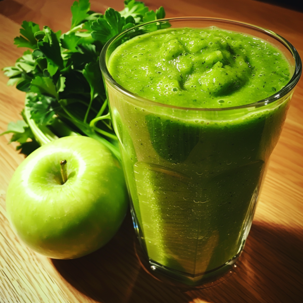 Elevate your day with Zestful Blends' Emerald Energy Smoothie! Bursting with goodness, this thick green smoothie in a clear glass showcases the freshest ingredients: crisp green apple and vibrant leafy parsley. Artfully displayed on a natural wooden surface and bathed in warm light, it embodies wellness and vigor. Savor the revitalizing flavors of our healthy creation while embracing eco-friendly choices for a zestful life!