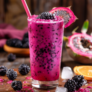 Feast your eyes on the Exotic Dragon Berry Blast from Zestful Blends! This refreshing smoothie, served in a pristine clear glass and garnished with luscious blackberries and a vibrant dragon fruit slice, is bursting with goodness. Packed with vitamins and antioxidants, this invigorating treat is as healthy as it is delicious. The scene highlights our dedication to freshness and quality, featuring extra blackberries, glistening ice cubes, and a sunny orange slice amid nature's bounty. Spot another ripe dragon fruit in the background—reminding you that at Zestful Blends, we’re all about eco-friendly choices and wholesome ingredients straight from the earth!