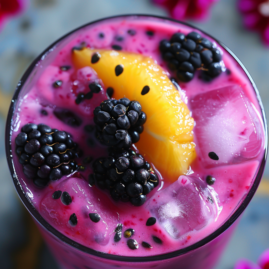 Feast your eyes on the Exotic Dragon Berry Blast – a vibrant pink elixir bursting with goodness! This tantalizing beverage, served in an elegant glass and garnished with luscious blackberries, zesty orange slices, and a sprinkle of black sesame seeds, promises a symphony of fresh flavors. Large ice cubes dance within this fruity delight, making it as refreshing as it is healthful. At Zestful Blends, we combine nature’s best ingredients to create drinks that not only taste incredible but also nourish your body. Enjoy our eco-friendly packaging and savor the pure vitality in every sip!