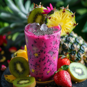 A vibrant, health-boosting smoothie brimming with chia seeds and refreshing ice cubes, surrounded by an array of fresh fruits—succulent kiwi slices, juicy strawberries, and tangy pineapple. This Exotic Fruit Odyssey, infused with a playful pink hue and adorned with star-shaped fruit gems, is bursting with goodness. Set against a backdrop of lush succulents and vibrant greenery, it's more than just a drink; it's a celebration of nature's finest flavors. Experience the epitome of freshness while staying eco-conscious with our delightful blend!