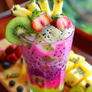 A dazzling smoothie masterpiece in a tall glass, brimming with vivid layers of pink dragon fruit, sunny pineapple, and lush green kiwi. Our Exotic Fruit Odyssey is crowned with refreshing kiwi slices, succulent strawberries, and juicy pineapple chunks, all delicately sprinkled with chia seeds. Bursting with goodness and packed with essential vitamins for a healthful boost! Assorted fruits in the background underscore our commitment to fresh produce. Experience the vibrant flavors that embody Zestful Blends' dedication to nature's bounty and eco-friendly practices.