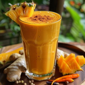 A tall glass brimming with our Exotic Spice Trail smoothie, bursting with zesty flavors and vibrant orange hues. Garnished with a succulent slice of pineapple and a sprinkle of exotic spices, this refreshing treat embodies the healthful vitality Zestful Blends is renowned for. Nestled among fresh ginger, chopped pineapple, and fiery orange chili peppers on a rustic wooden surface and framed by lush greenery, this scene celebrates nature's freshest bounty. Experience a taste adventure that not only delights your senses but also supports eco-friendly choices—for wellness that's as good for the planet as it is for you!