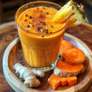 A vibrant orange Exotic Spice Trail smoothie, served in a clear glass and garnished with fresh pineapple pieces, is bursting with goodness. Sprinkled with exotic spices like black pepper and turmeric powder, this health-boosting elixir is set on a rustic wooden plate surrounded by fresh ginger root and sliced persimmons. Each element showcases Zestful Blends' commitment to freshness and vitality. Enjoy this colorful, eco-friendly presentation that combines delicious flavors with countless health benefits.