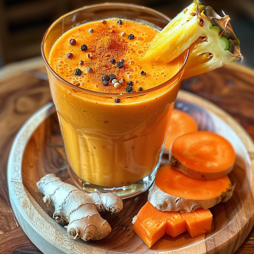 A vibrant orange Exotic Spice Trail smoothie, served in a clear glass and garnished with fresh pineapple pieces, is bursting with goodness. Sprinkled with exotic spices like black pepper and turmeric powder, this health-boosting elixir is set on a rustic wooden plate surrounded by fresh ginger root and sliced persimmons. Each element showcases Zestful Blends’ commitment to freshness and vitality. Enjoy this colorful, eco-friendly presentation that combines delicious flavors with countless health benefits.