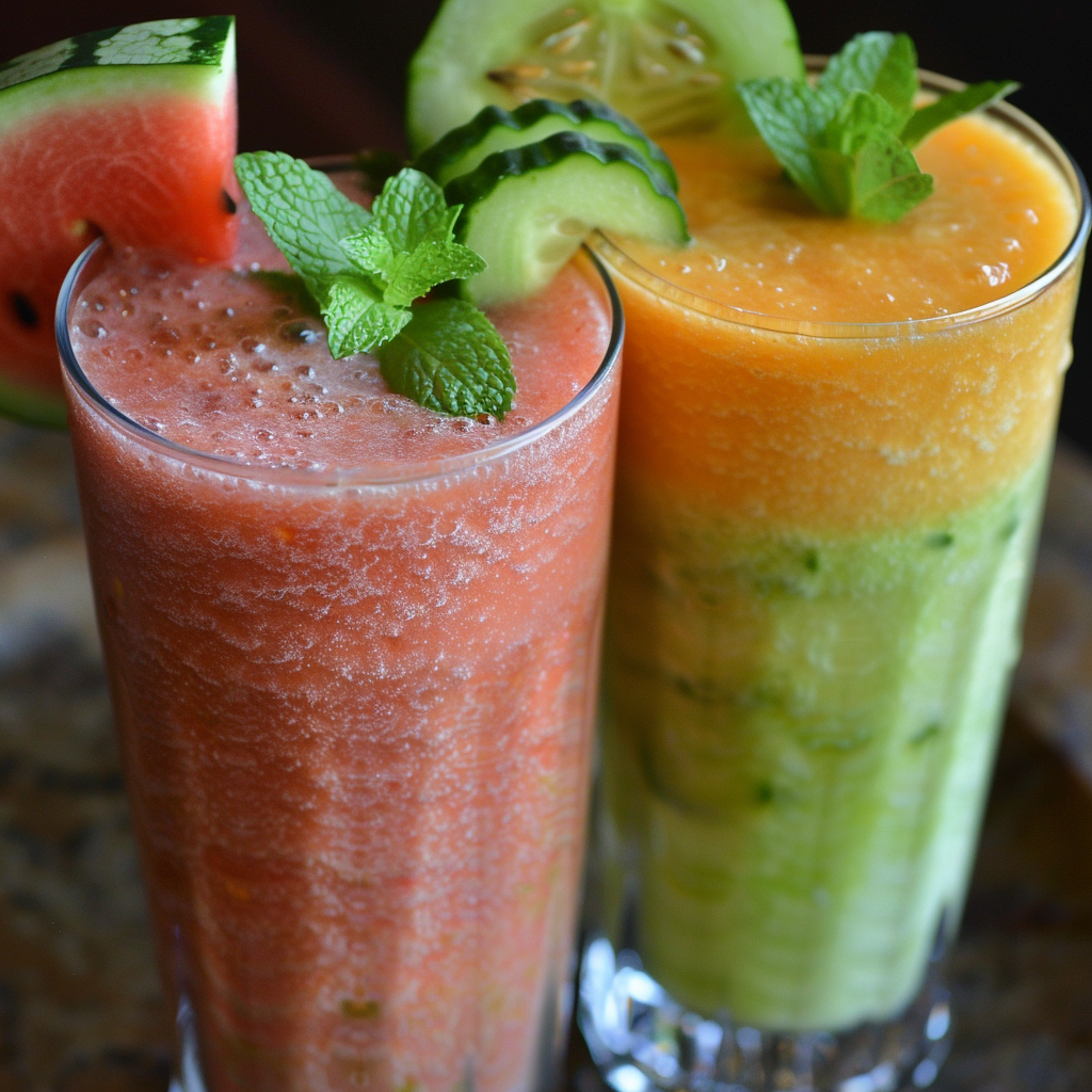 Two tall glasses of Zestful Blends’ luscious summer smoothies grace the table, bursting with goodness and vibrant colors. On the left, the ruby-red creation—garnished with a fresh watermelon slice and sprig of mint—is not just a drink but a health-boosting delight. On the right, our Exotic Summer Quencher shines, adorned with a crisp cucumber slice and mint, promising refreshment in every sip. Both smoothies boast thick, blended textures that scream freshness. Crafted from eco-friendly ingredients to nourish your body and soul!