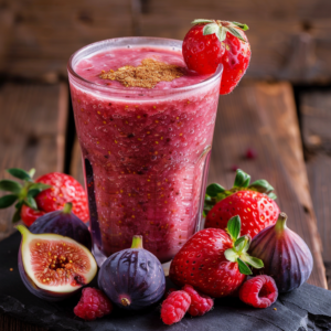 A glass filled with our vibrant Fig and Berry Fusion Smoothie, bursting with goodness and garnished with a whole fresh strawberry and a sprinkle of nutrient-rich ground seeds. This luscious creation is surrounded by plump strawberries, juicy figs, and succulent raspberries on an eco-chic wooden surface. Perfectly crafted to offer you the freshest fruit blends for ultimate health benefits. Dive into Zestful Blends today—where every sip invigorates your well-being!