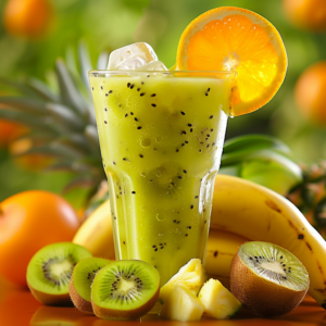 A revitalizing Five Fruit Fiesta in a glass, garnished with a vibrant slice of orange, bursting with goodness. Surrounded by a cornucopia of whole and sliced kiwis, bananas, and pineapple chunks, this scene epitomizes freshness. The blurred background teems with more fruits and lush greenery, highlighting the wholesome bounty of Zestful Blends. Our eco-friendly products shine through every sip and bite!