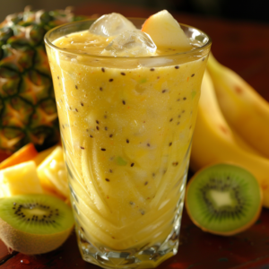 Dive into the Five Fruit Fiesta! Bursting with goodness, this refreshing blend in a glass, filled with crisp ice cubes and garnished with fresh apple slices, showcases our commitment to health and vitality. Surrounding the vibrant glass are whole pineapple, banana, kiwi, and sliced kiwi alongside juicy pineapple chunks on a rustic wooden surface. Celebrate freshness with every sip from Zestful Blends, where eco-friendly choices meet the freshest ingredients for your ultimate wellness.