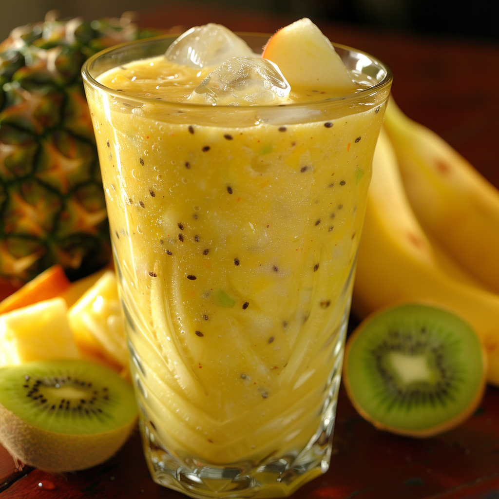 Dive into the Five Fruit Fiesta! Bursting with goodness, this refreshing blend in a glass, filled with crisp ice cubes and garnished with fresh apple slices, showcases our commitment to health and vitality. Surrounding the vibrant glass are whole pineapple, banana, kiwi, and sliced kiwi alongside juicy pineapple chunks on a rustic wooden surface. Celebrate freshness with every sip from Zestful Blends, where eco-friendly choices meet the freshest ingredients for your ultimate wellness.