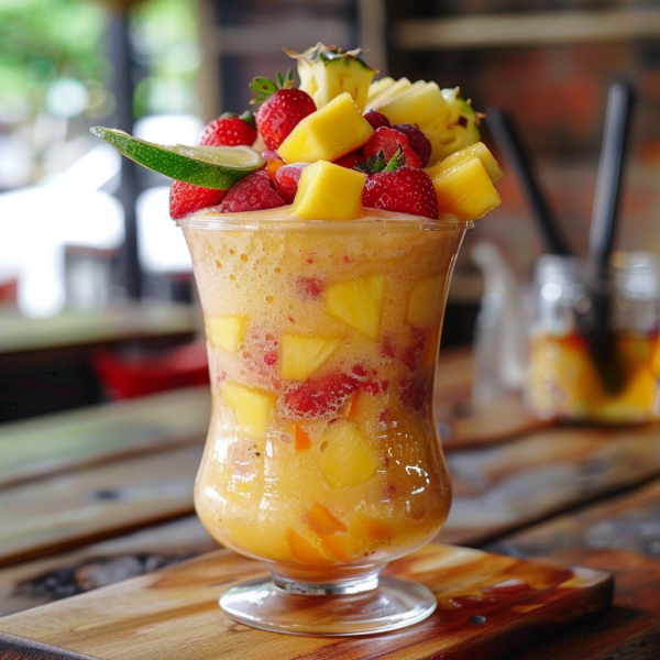 Experience the vibrant zest of our Fruit Carnival Cup, a tropical delight brimming with chunks of pineapple, strawberries, and mango. This sensational smoothie, served in a tall hurricane glass on a rustic wooden table, bursts with goodness and is crowned with fresh fruit garnishes that resemble festive confetti. Dive into this colorful carnival of flavors at our cozy café setting and nourish your body with every sip. At Zestful Blends, we prioritize health and freshness in every product while embracing eco-friendly practices for a sustainable future.