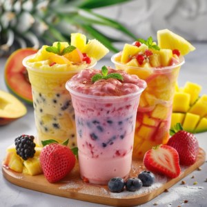 Three vivid Fruit Carnival Cups, brimming with fresh mint and pineapple chunks, radiate on a rustic wooden board. Encircled by a lively array of strawberries, blueberries, blackberries, and pineapple pieces, these cups promise a vibrant feast for your eyes and palate. Bursting with goodness and packed with essential nutrients, our fruit salads celebrate the essence of freshness. Savor the health benefits with every bite! Presented in eco-friendly clear containers that showcase our commitment to sustainability, these delightful treats are perfect for your zestful lifestyle.