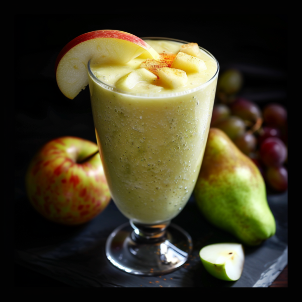 A tall glass of our Fruit Gala Smoothie, adorned with crisp gala apple slices and a dash of aromatic cinnamon. Surrounding this refreshing drink are a whole apple, ripe pear, juicy grapes, and perfectly sliced apple—each bursting with goodness. Set against a dark backdrop that accentuates the vibrant colors and freshness of our premium fruits. Enjoy Zestful Blends’ commitment to health and eco-friendly choices with every sip!