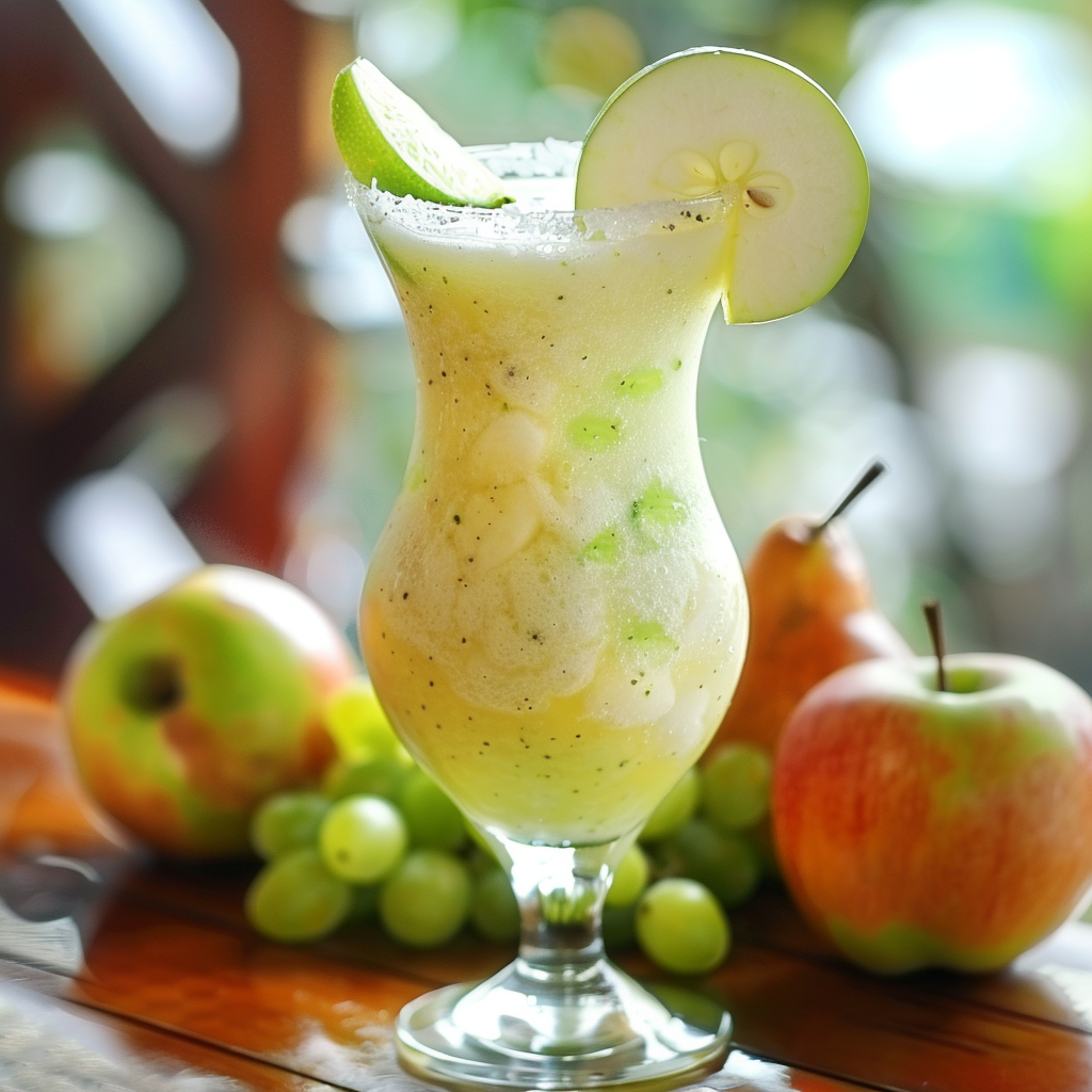 A tall glass filled with our invigorating Fruit Gala Smoothie, bursting with goodness and garnished with a crisp green apple slice on the rim. This refreshing drink sits on a rustic wooden table, surrounded by fresh green grapes and succulent Gala apples, all framed by a lush backdrop of vibrant greenery. Experience the zestful blend of health benefits and pure freshness in every sip! Plus, enjoy knowing you’re choosing eco-friendly options that celebrate both flavor and sustainability.