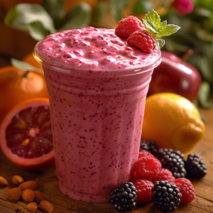 A radiant pink smoothie bursts with goodness in a clear eco-friendly cup, topped with luscious fresh raspberries and a sprig of mint. Surrounding this revitalizing delight is our Fruit Harvest Medley: zesty blood oranges, tangy lemons, crisp apples, sweet scattered berries, and crunchy almonds—all resting on a rustic wooden surface. At Zestful Blends, we're dedicated to delivering vibrant health benefits and unparalleled freshness in every sip and bite!