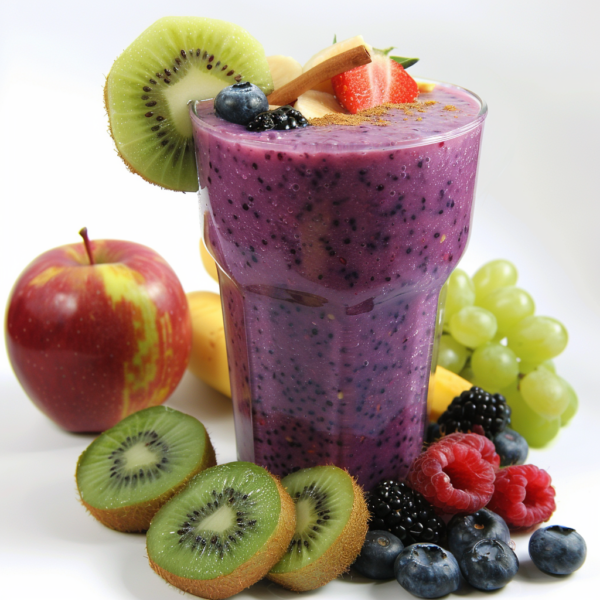 A tall glass of Zestful Blends' **Fruity Fiesta Smoothie** takes center stage in a lively celebration of freshness and health. Bursting with goodness, this vibrant smoothie is crafted from an assortment of premium fresh fruits including kiwi slices, blueberries, raspberries, strawberries, blackberries, apple, banana, and green grapes. Garnished with a touch of elegance—a cinnamon stick and colorful fruit accents—it embodies the perfect blend of taste and vitality. Indulge in this nutrient-rich delight that's not only great for your health but also eco-friendly! Discover a world where every sip celebrates freshness at its peak.