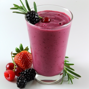 A glass of vibrant purple smoothie, bursting with goodness and garnished with a sprig of rosemary, a luscious blackberry, and a plump cherry. It’s surrounded by our Garden Berry Medley—juicy blackberries, tangy raspberries, and a succulent strawberry—set against a pristine white background. Dive into the health benefits and unparalleled freshness that Zestful Blends offers with every sip. Our eco-friendly packaging ensures you enjoy nature's bounty in its purest form.