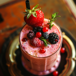 A delightful close-up of our Garden Berry Medley smoothie, bursting with goodness and vibrant colors! This refreshing glass is brimming with a harmonious blend of fresh berries—succulent strawberries, plump raspberries, juicy blackberries, and sweet blueberries—all crowned with a fragrant sprig of rosemary. Each sip is packed with antioxidants and essential nutrients to invigorate your day. Nestled on an ornate tray evoking the elegance of a garden feast, this eco-friendly treat not only tantalizes your taste buds but also supports a healthy lifestyle. Indulge in the pure freshness and health benefits that Zestful Blends proudly offers!