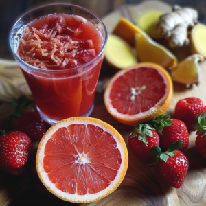 A glass of our invigorating Ginger Berry Zest Smoothie, brilliantly garnished with shredded ginger, takes center stage amidst a symphony of halved grapefruits, succulent whole strawberries, and zesty ginger chunks on a rustic wooden surface. Bursting with goodness and vibrant colors, this deliciously fresh smoothie embodies the essence of health and vitality. Enjoy the perfect fusion of flavor and nutrition in every sip, while knowing you're indulging in one of Zestful Blends' eco-friendly creations designed to nourish your body and energize your day.