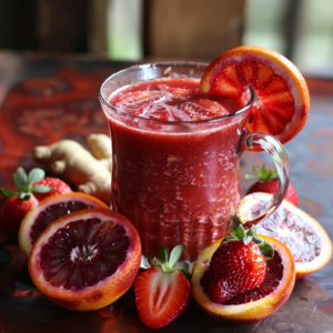 A glass mug brimming with our invigorating Ginger Berry Zest Smoothie, adorned with a zesty slice of blood orange perched on the rim. This vibrant, nutrient-packed berry elixir is surrounded by an abundance of fresh strawberries, halved blood oranges, and aromatic ginger roots, all displayed on a charming rustic table. Bursting with goodness and crafted from the finest ingredients, this smoothie embodies the freshness and vitality that Zestful Blends is known for. Experience pure health benefits in every sip while enjoying our eco-friendly commitment to quality!