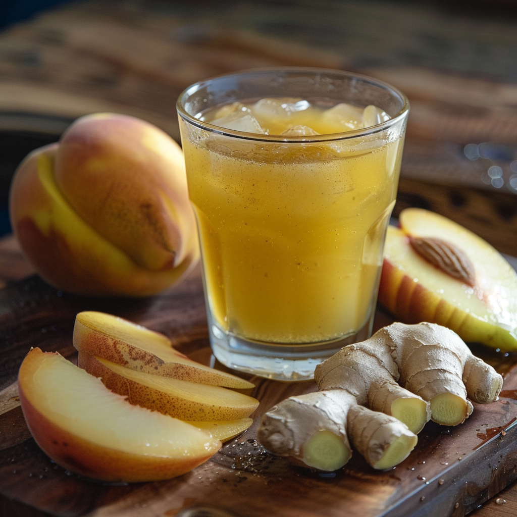 A radiant glass of Ginger Peach Pear Fusion, chilled with ice, rests elegantly on a rustic wooden surface. Surrounding the glass are vibrant, fresh peach slices, a juicy whole peach, and invigorating ginger root. This inviting scene bursts with goodness and showcases the healthful freshness that Zestful Blends is renowned for. Our products—fruit salads, juices, snacks, smoothies, whole fruit packs, and desserts—are crafted to delight your senses while benefiting your well-being. Committed to eco-friendly practices and brimming with natural flavors that beckon to be enjoyed!