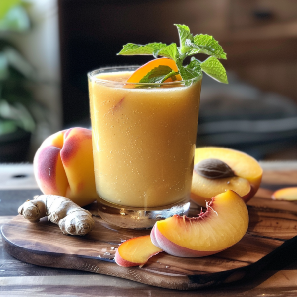 Experience the vibrant health benefits of Zestful Blends with our Ginger Peach Pear Fusion! This refreshing drink, garnished with a succulent slice of peach and a sprig of mint, is bursting with goodness. Presented on an eco-friendly wooden cutting board, it's surrounded by fresh peach slices, whole peaches, and aromatic pieces of ginger. The blurred, cozy indoor background subtly enhances the enticing hint of ginger in each sip. Dive into this nutritious delight that promises freshness and vitality in every drop!