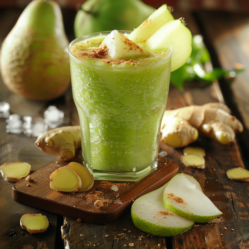 Experience the invigorating zest of our Gingered Honeydew Harmony Smoothie, bursting with goodness and crafted for a healthful delight. This refreshingly vibrant smoothie is a blend of fresh honeydew chunks, hand-picked pears, and zesty ginger, all served in an elegant glass and sprinkled with fragrant cinnamon. Embrace the purity of nature with every sip as you enjoy the garnishes of pear slices and crushed ice on a rustic wooden surface—a testament to our commitment to freshness. Zestful Blends proudly offers nutrient-packed fruit salads, revitalizing juices, wholesome snacks, delectable smoothies, whole fruit packs brimming with vitality, and indulgent yet health-conscious desserts. Our eco-friendly practices ensure that each delicious creation not only nourishes your body but also honors our planet.