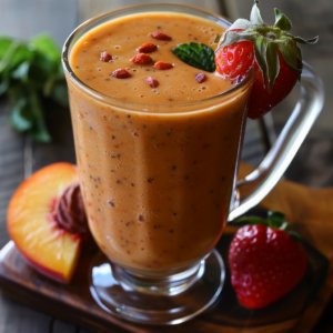 A glass cup brimming with our Goji Berry Glow Smoothie radiates vibrant color, garnished with nutrient-rich goji berries and fresh mint. A whole strawberry adorns the rim, while additional fresh strawberries and a juicy peach half bask beside it on the rustic wooden surface. Bursting with goodness, this smoothie is packed with health-boosting ingredients to invigorate your day. Enjoy our eco-friendly packaging that keeps your treats fresh and sustains our planet. Experience the zest of life with every sip!