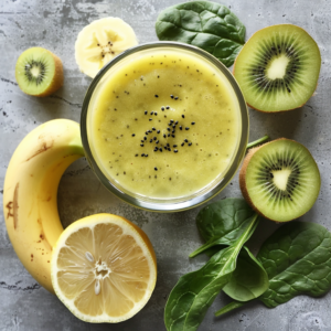 Dive into a glass of vibrant health with our Gold Kiwi Quencher Smoothie! Bursting with goodness, this refreshing drink is topped with nutritious chia seeds and surrounded by the freshest ingredients—sliced kiwi, whole gold kiwi, zesty half lemon, lush spinach leaves, and a perfectly ripe banana. Each sip encapsulates the vitality and zest of nature’s bounty. Perfect for those seeking a delicious boost to their day! And remember, at Zestful Blends, our eco-friendly practices ensure you enjoy every health-packed product sustainably.