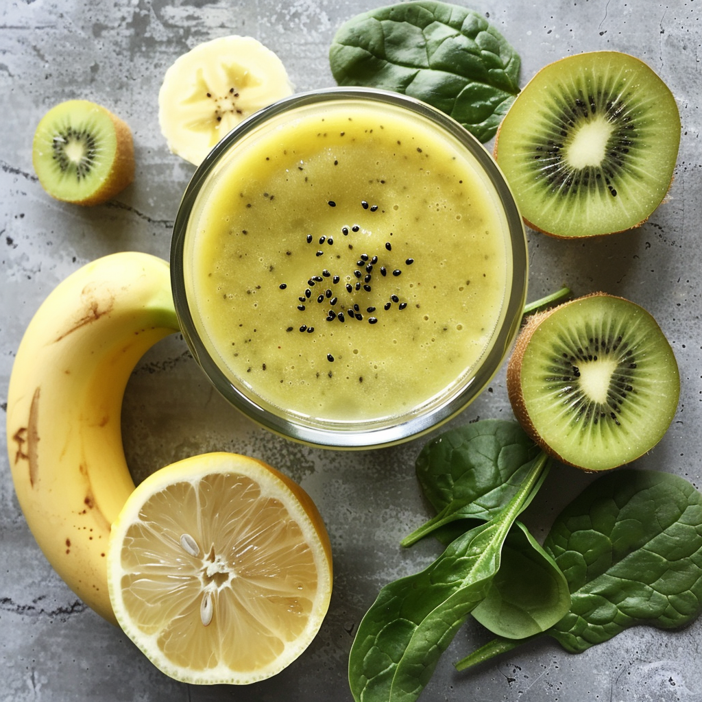 Dive into a glass of vibrant health with our Gold Kiwi Quencher Smoothie! Bursting with goodness, this refreshing drink is topped with nutritious chia seeds and surrounded by the freshest ingredients—sliced kiwi, whole gold kiwi, zesty half lemon, lush spinach leaves, and a perfectly ripe banana. Each sip encapsulates the vitality and zest of nature’s bounty. Perfect for those seeking a delicious boost to their day! And remember, at Zestful Blends, our eco-friendly practices ensure you enjoy every health-packed product sustainably.