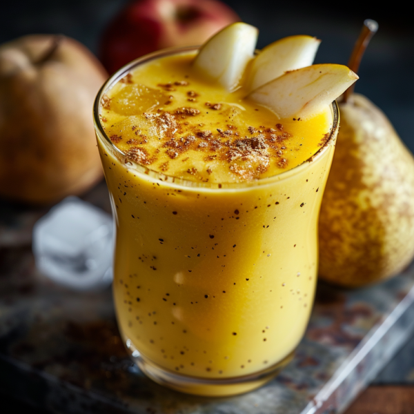 A vibrant yellow smoothie in a glass, garnished with fresh pear slices and sprinkled with fragrant spices. Our Golden Gala Refresher is bursting with goodness against a dark backdrop, complemented by blurred pears, a red apple, and an ice cube in the background. This delightfully refreshing treat embodies the cozy, rustic essence of Zestful Blends while delivering a powerhouse of health benefits. Enjoy our eco-friendly commitment through every sip!