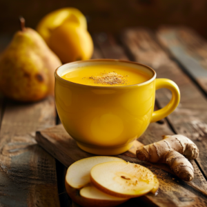 A warm yellow cup brimming with frothy Golden Gala Refresher takes center stage on a rustic wooden surface. Surrounding the cup are vibrant fresh ginger roots, juicy sliced pears, a whole pear, and a partially sliced apple, crafting an inviting symphony of flavors. Each element in this scene embodies the freshness and vitality Zestful Blends is known for—bursting with goodness to nourish your body and delight your taste buds. Our products emphasize health benefits while embracing eco-friendly practices, ensuring you enjoy every sip guilt-free.