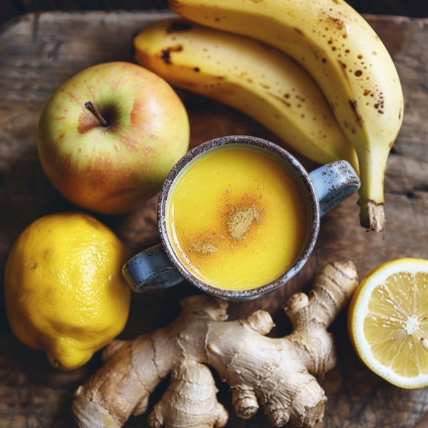 A rustic wooden surface enhances the beauty of a charming blue-handle mug brimming with our Golden Ginger Harmony, bursting with goodness and garnished with a sprinkle of cinnamon. Surrounding this wholesome delight are vibrant apples in red and green, two creamy bananas, a zesty lemon half alongside a whole lemon, and a piece of fresh ginger that elevates the symphony of flavors. Each ingredient embodies Zestful Blends' commitment to freshness and vitality, making every sip an invigorating boost for your day. All our products celebrate nature's bounty while prioritizing eco-friendly practices for a healthier planet.