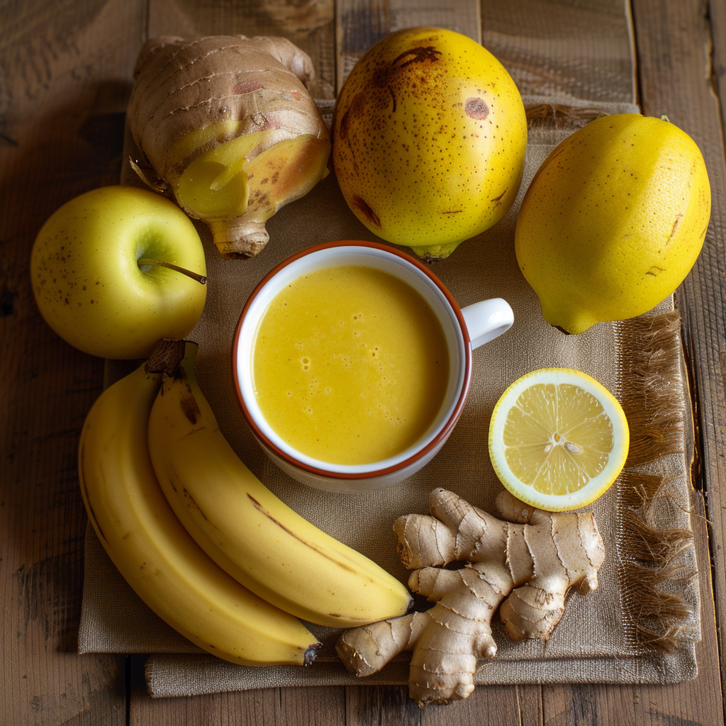 A cup of Golden Ginger Harmony stands proudly on a rustic wooden table, exuding vibrancy and wellness. Encircled by fresh bananas, zesty lemon halves, crisp apples, aromatic ginger, and sunny lemons, this smoothie truly embodies nature’s bounty. The creamy concoction is beautifully served in a white cup with a striking red rim, nestled on an eco-friendly burlap cloth. Bursting with goodness, each sip offers invigorating health benefits and unparalleled freshness—a true testament to Zestful Blends’ commitment to nutritious delights and sustainable practices.