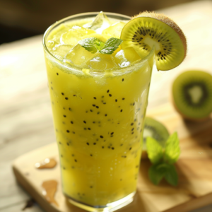 A tall glass brimming with our vibrant Golden Kiwi Kick, garnished with a fresh kiwi slice and mint leaves, promises a burst of goodness in every sip. Discover the refreshing combination of juicy golden kiwis and crisp mint, perfectly chilled with ice cubes for an invigorating treat. In the background, whole kiwis and sprigs of fragrant mint rest on an eco-friendly wooden surface, highlighting Zestful Blends' commitment to freshness and sustainability. This delightful drink is not just a treat for your taste buds but also a celebration of health and vitality!