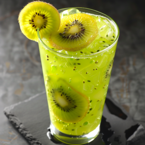 Indulge in the vibrant freshness of our Golden Kiwi Kick! This tall glass is brimming with a refreshing green kiwi drink, artfully garnished with kiwi slices and packed with ice cubes. Bursting with goodness, this invigorating beverage showcases the natural vitality of our top-tier ingredients. Set against a dark, textured backdrop, the bright green hue pops, echoing Zestful Blends' commitment to health and sustainability. Savor the zest of wellness in every sip while appreciating our eco-friendly practices that ensure each drink is as kind to the earth as it is to you!