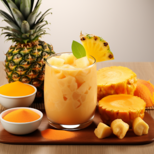 Experience a burst of goodness with our Golden Pineapple Zing smoothie, served chilled and garnished with a fresh pineapple slice and vibrant green leaf. This refreshing delight sits amidst an array of wholesome pineapples, succulent pineapple slices, and energizing orange powder — all beautifully displayed on an eco-friendly wooden surface. At Zestful Blends, our products are not just nourishing; they’re crafted for freshness and packed with health benefits. Dive into the vibrant world of fruit salads, juices, snacks, smoothies, whole fruit packs, and desserts that are as kind to the planet as they are to your body!